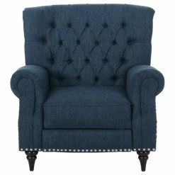 Best Sale ⌛ GDFStudio Chatau Tufted Recliner With Nailhead Trim, Navy Blue + Espresso, Fabric ❤️