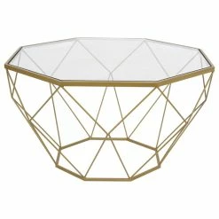 Coupon 🔔 LeisureMod Large Modern Octagon Glass Top Coffee Table, Gold Chrome Base, Gold, MD31GG 🎉