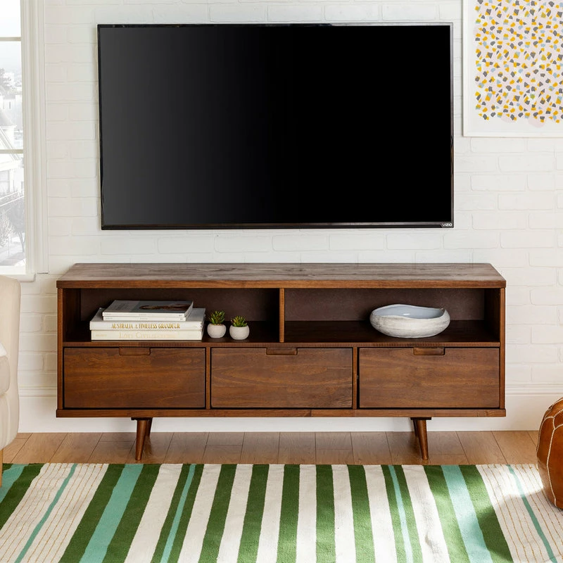 Flash Sale 👍 Walker Edison 58" 3-Drawer Mid-Century Modern TV Stand, Walnut ⭐ - Image 4