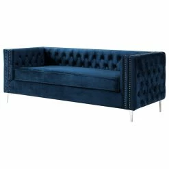 Cheap 🔥 Inspired Home Jeannie Velvet 3-Seat Sofa Button Tufted With Metal Legs, Navy 🎉