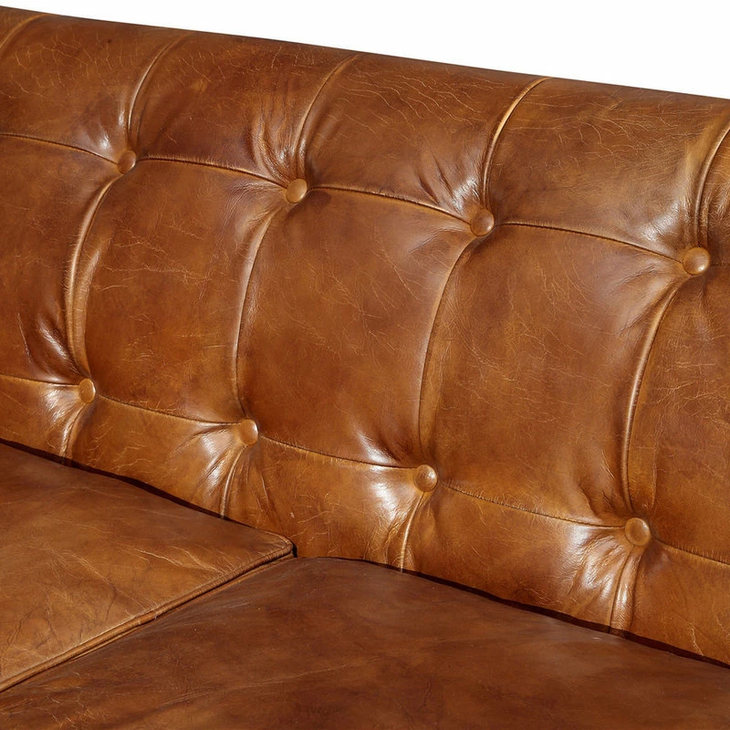 Best Sale ✔️ Crafters And Weavers Top Grain Vintage Leather Tuxedo Sofa, Light Brown ⭐ - Image 4