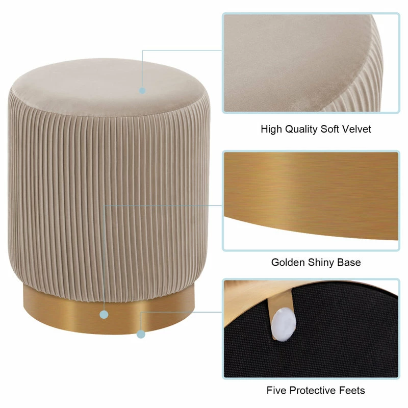Deals ๐ฅฐ Duhome Elegant Lifestyle Round Pleated Golden Base Velvet Ottoman, Khaki ๐ - Image 4