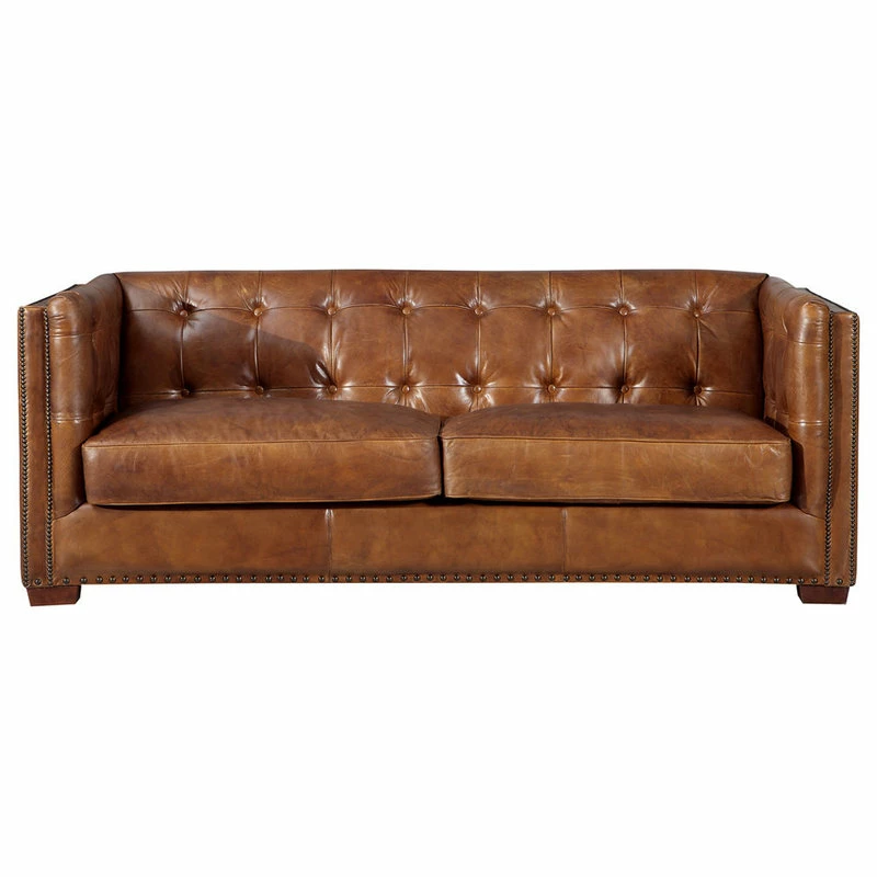 Best Sale ✔️ Crafters And Weavers Top Grain Vintage Leather Tuxedo Sofa, Light Brown ⭐ - Image 2