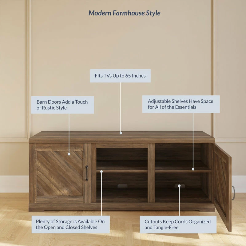 Hot Sale 😉 BELLEZE Hilo 58" Barn Door TV Stand Console For TVs Up To 65", Rustic Oak ✨ - Image 4