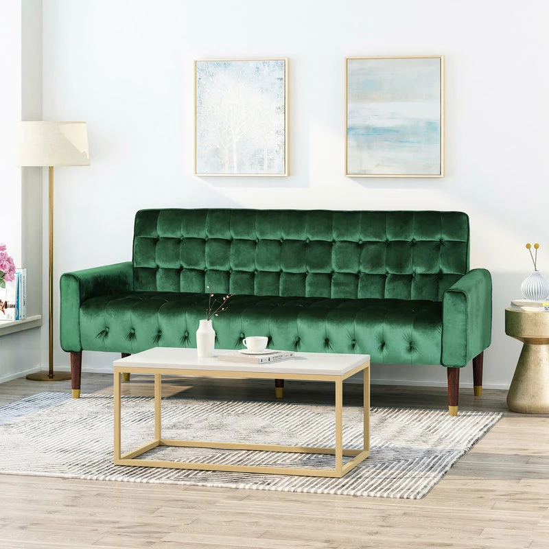 Hot Sale 🎁 GDFStudio Adan Tufted Velvet Sofa With Gold Tipped Tapered Legs, Emerald, Gold Finish 🔔 - Image 2