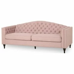 Best Sale ✔️ GDFStudio Loma Traditional Button Tufted Fabric 3 Seater Sofa, Light Blush/Dark Brown 🎁