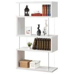 Top 10 โญ Bowery Hill Modern Glass 4 Shelf Asymmetrical Snaking Bookcase In Glossy White โค๏ธ